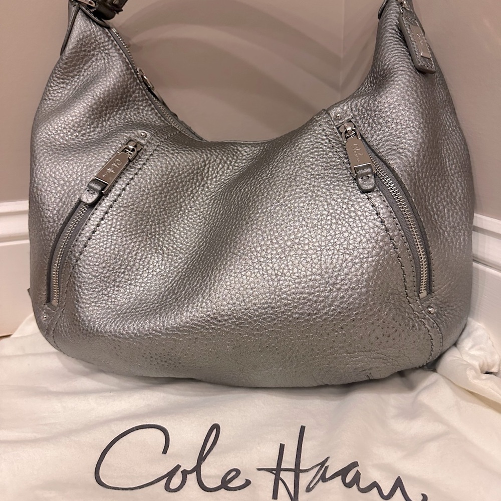 Cole Haan Silver Pebbled Leather Hobo Shoulder Purse